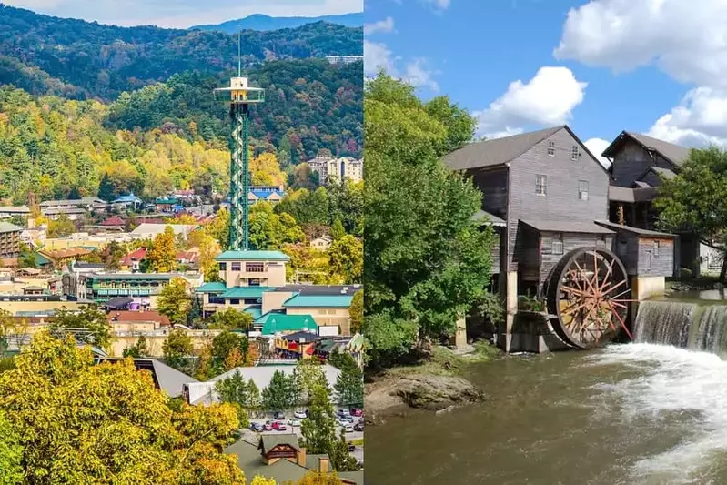 Split screen of Gatlinburg vs Pigeon Forge.