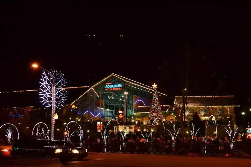 Gatlinburg TN Christmas lights in front of Ripley's Aquarium of the Smokies.