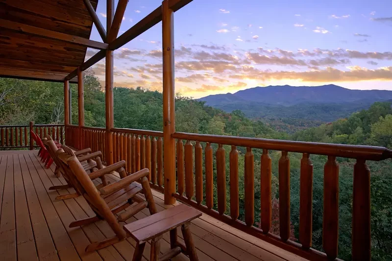 sunset mountain view from deck of Splash Mansion cabin