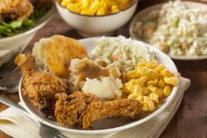 fried chicken, biscuit, mac and cheese, mashed potatoes and gravy, and cole slaw